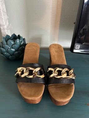 Vince Camuto Black Leather Slide Mules with Gold Chain